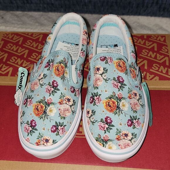 Rare ComfyCush Slip On Vans Sample Shoes Size 13 (Garden Floral) Aquatic / White - Picture 7 of 10